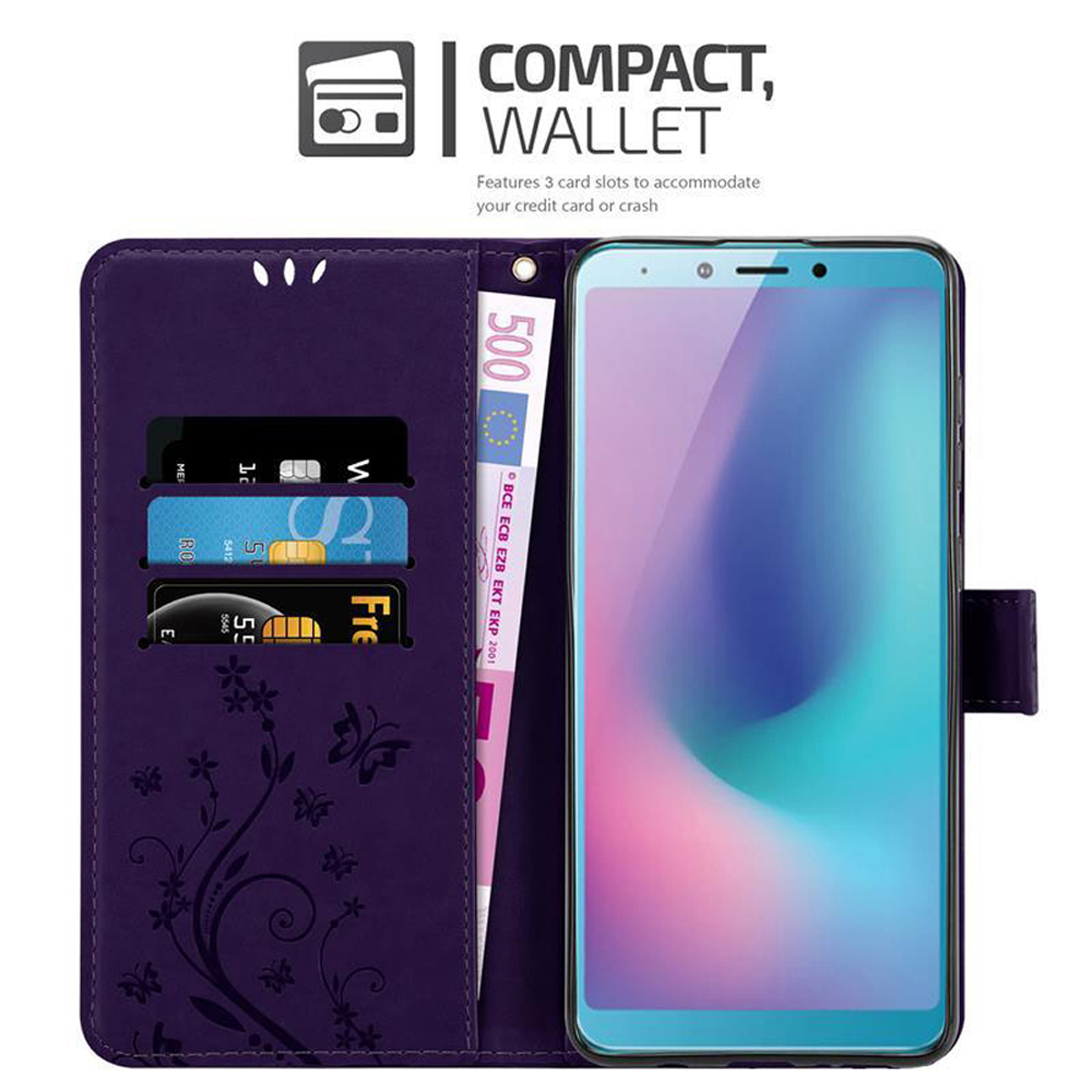 Custodia per telefono viola aperta, con telefono. Contiene carte di credito e banconota da 500 euro.