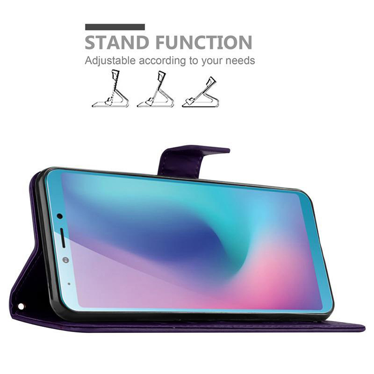 Telefono in custodia viola scuro, aperto per stare in piedi con schermo viola. Testo e illustrazioni della funzione stand sopra.