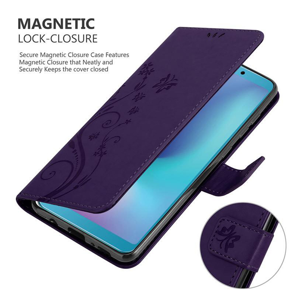 Custodia per telefono viola con design floreale aperta, che mostra lo schermo del telefono. Testo: chiusura magnetica.