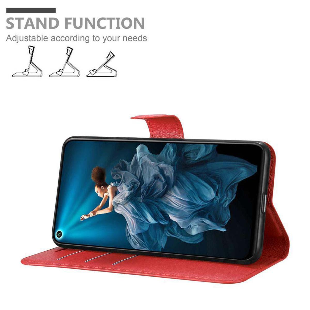 Telefono appoggiato in una custodia rossa come supporto. Donna in abito sullo schermo. Testo e diagrammi della funzione supporto visibili.
