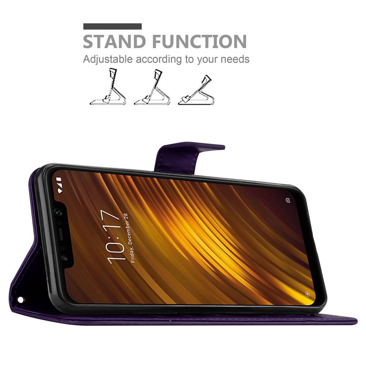 Un telefono in una custodia viola, mostra l'ora. La custodia ha una funzione di supporto.