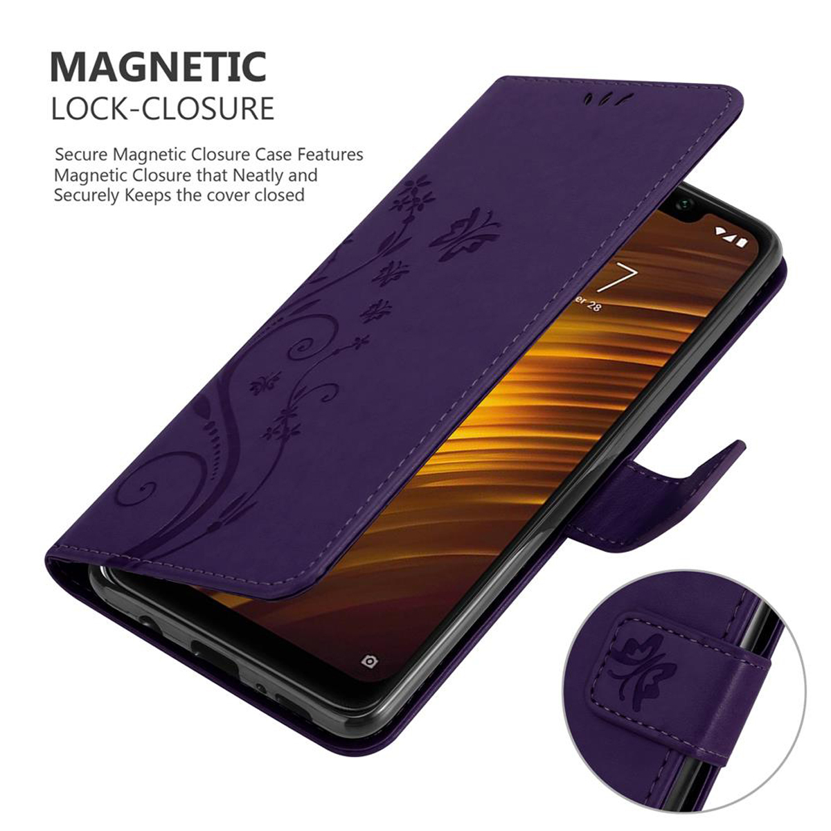 Una custodia viola è aperta, rivelando un telefono. Ci sono motivi floreali sulla copertina e il telefono è visibile.