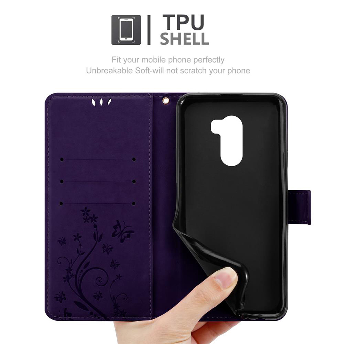 Custodia viola con telefono nero dentro. La custodia ha un design a farfalle e una mano la tiene.