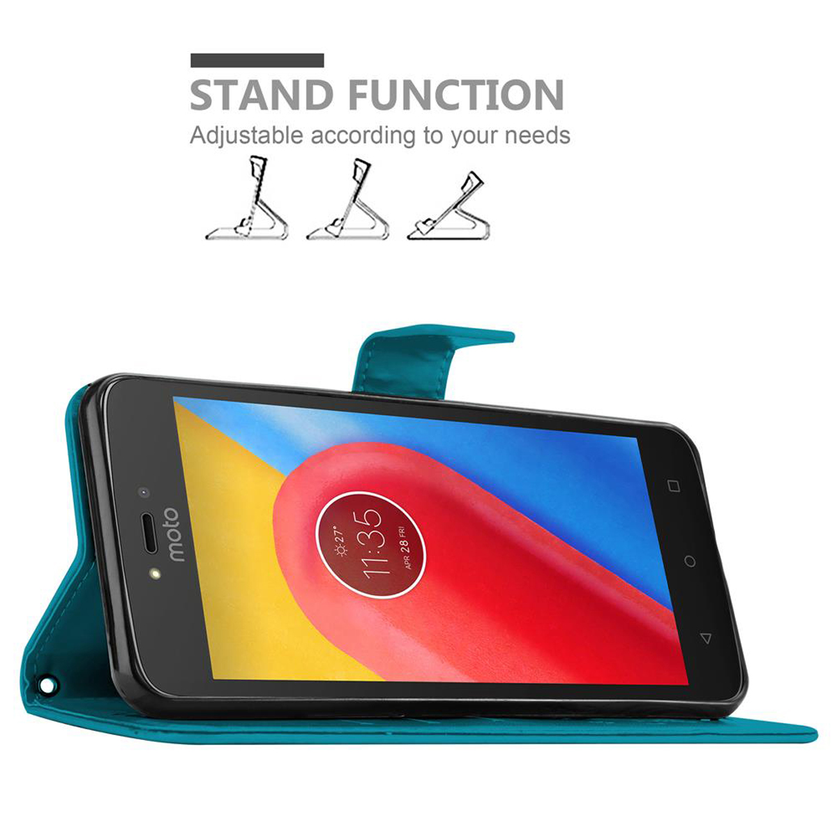Telefono in custodia verde acqua, schermo mostra ora e colori. Testo: Funzione supporto, con icone.