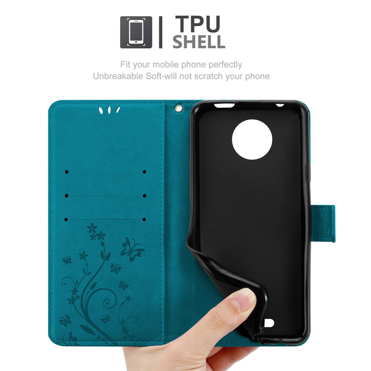 Una custodia per telefono, aperta, che mostra un telefono nero. La custodia è turchese e ha un design floreale.