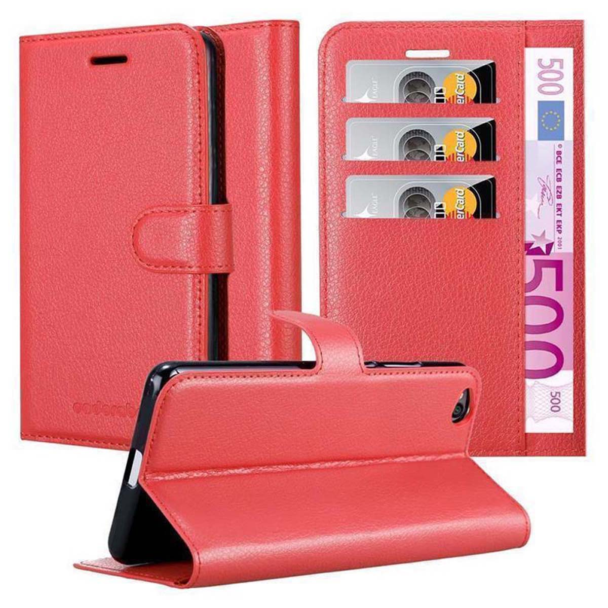 Custodia rossa con carte e denaro all'interno, telefono in vista, su sfondo bianco.