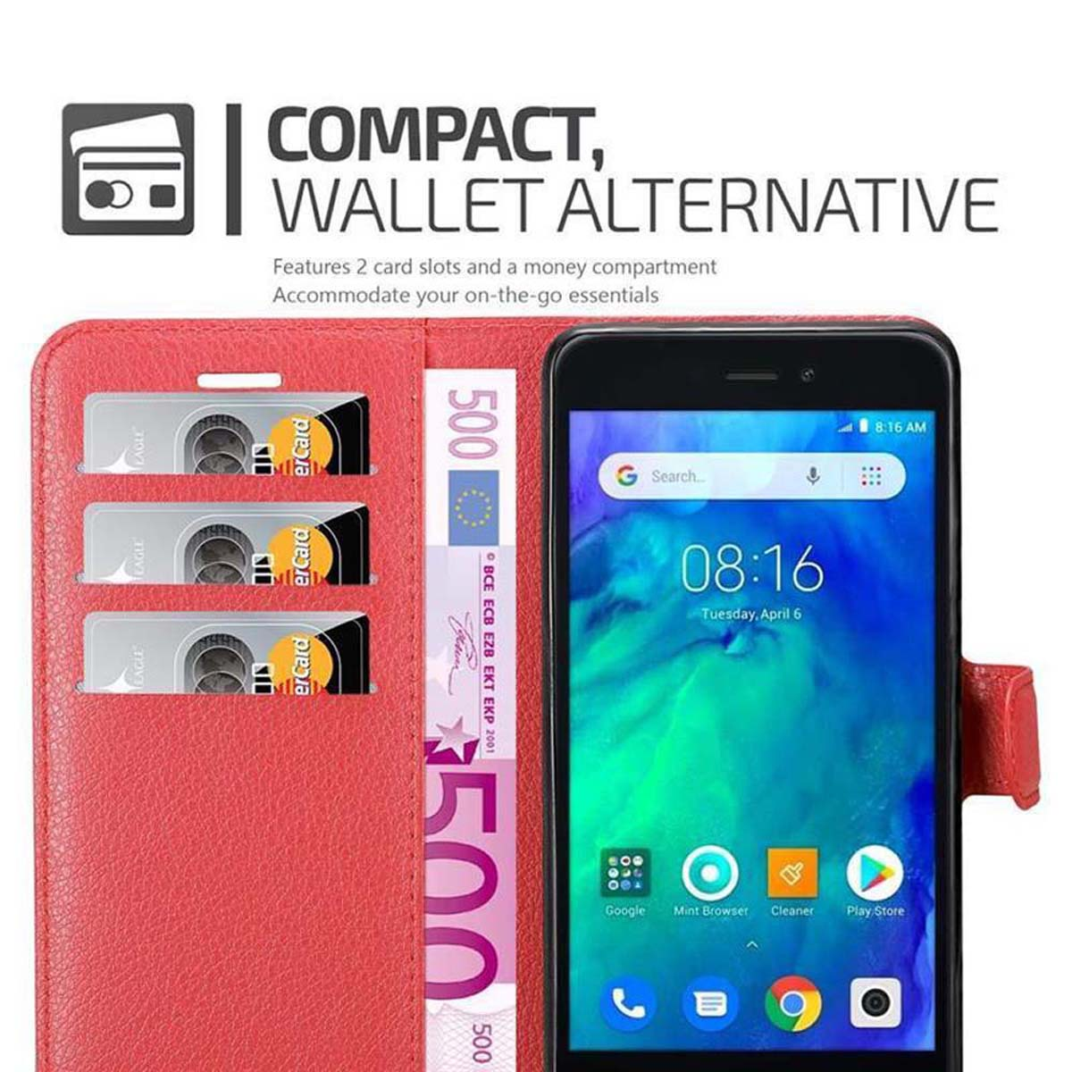 Custodia per telefono rossa con alternativa portafoglio. Telefono all'interno, slot per carte di credito e scomparto per denaro.