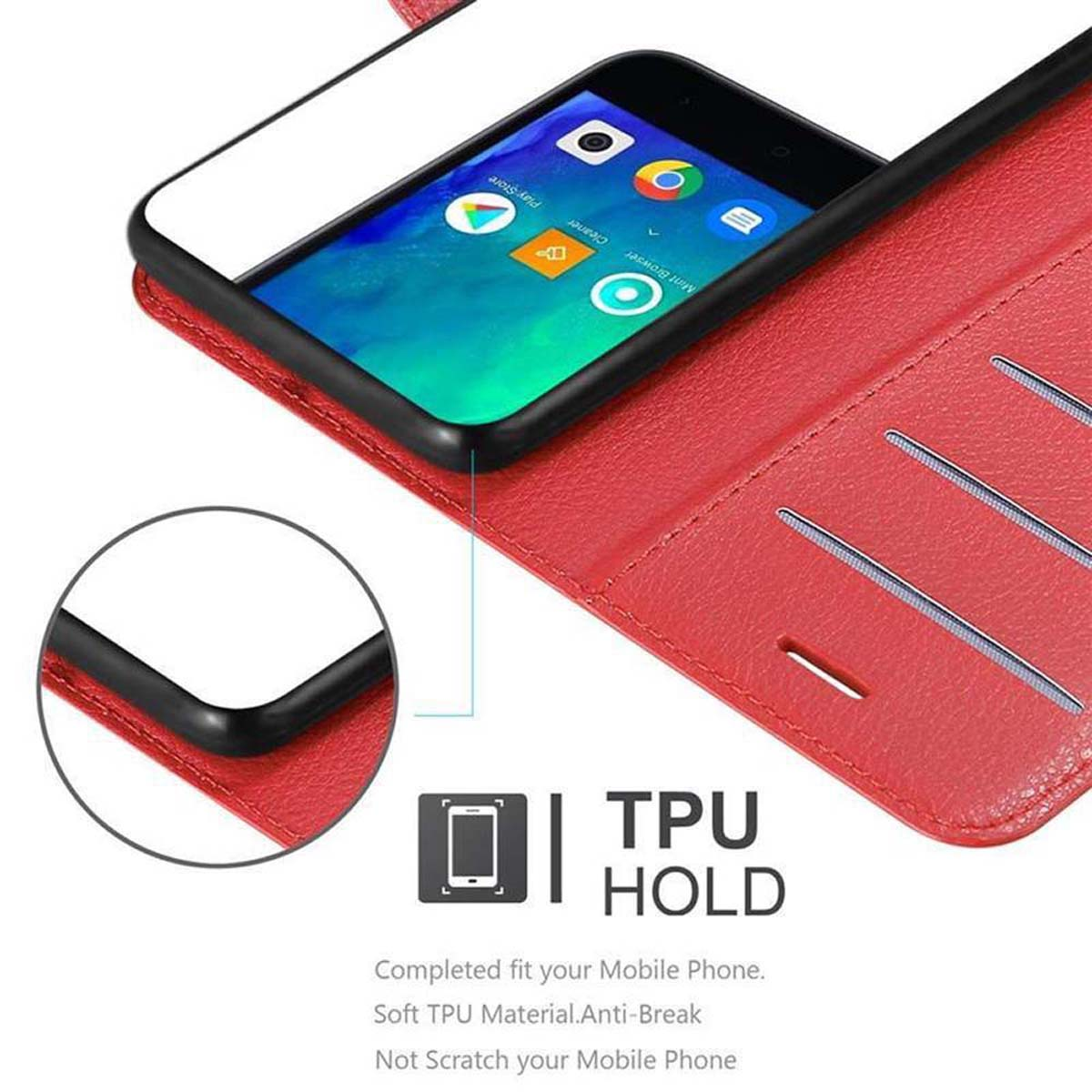 Custodia rossa per telefono con telefono all'interno, testo 'TPU HOLD'.