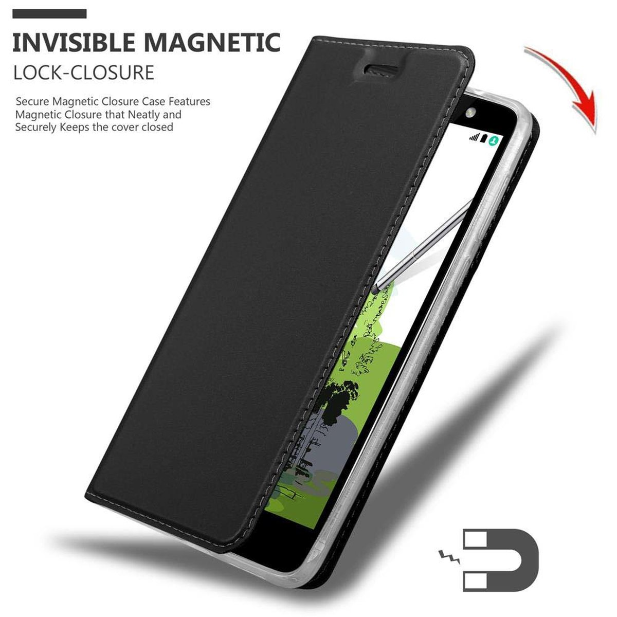 Custodia nera aperta, che rivela un telefono. Testo: Chiusura magnetica invisibile. Chiusura sicura.
