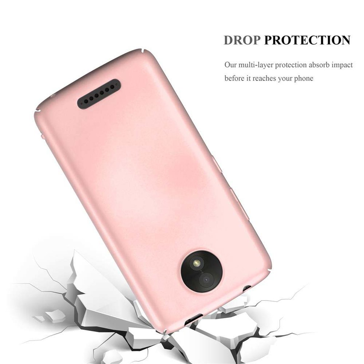 Custodia rosa per telefono che cade e rompe il terreno.