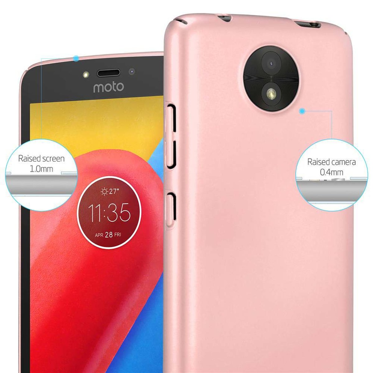Custodia rosa con telefono. Lo schermo mostra l'ora. La custodia è aperta.