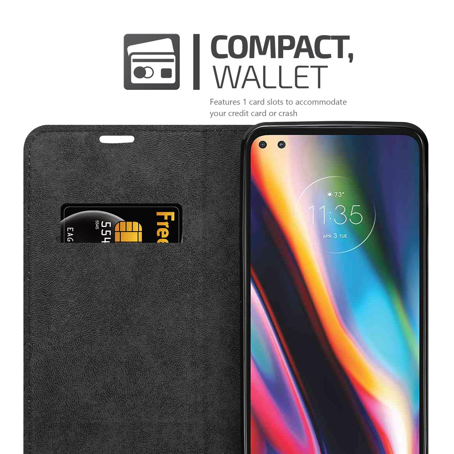 Custodia del telefono aperta con un telefono. Carta di credito in una fessura. Schermo con sfondo colorato.