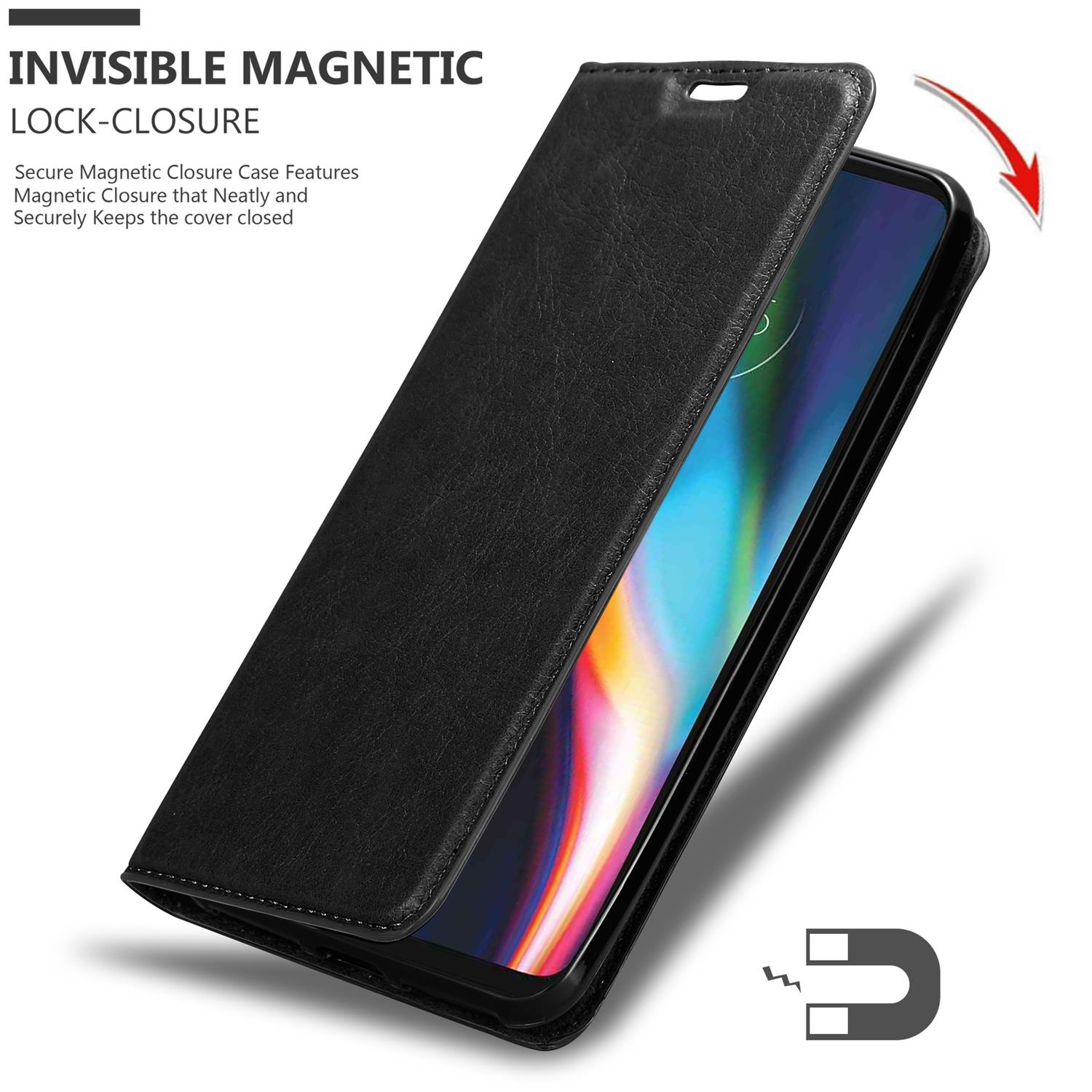 Custodia nera con testo 'INVISIBLE MAGNETIC LOCK-CLOSURE'. Custodia aperta.