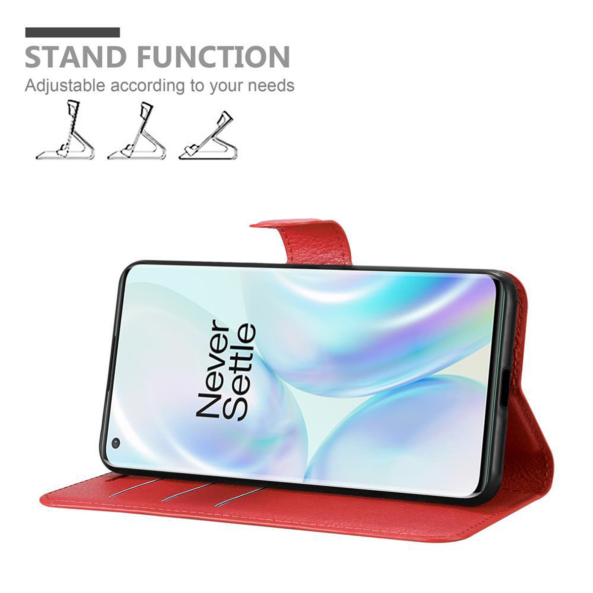 Un telefono in una custodia, mostrato in funzione stand, con lo schermo che mostra 'Never Settle'.