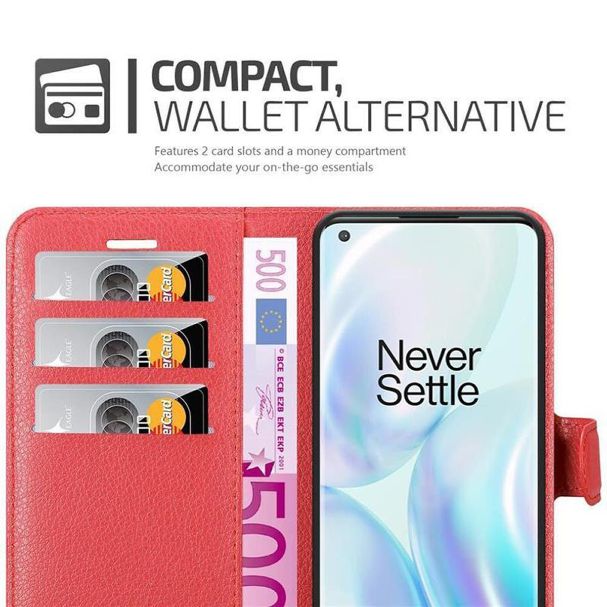 Custodia per telefono rossa, aperta, con carte e denaro. Schermo del telefono che mostra 'Never Settle'.