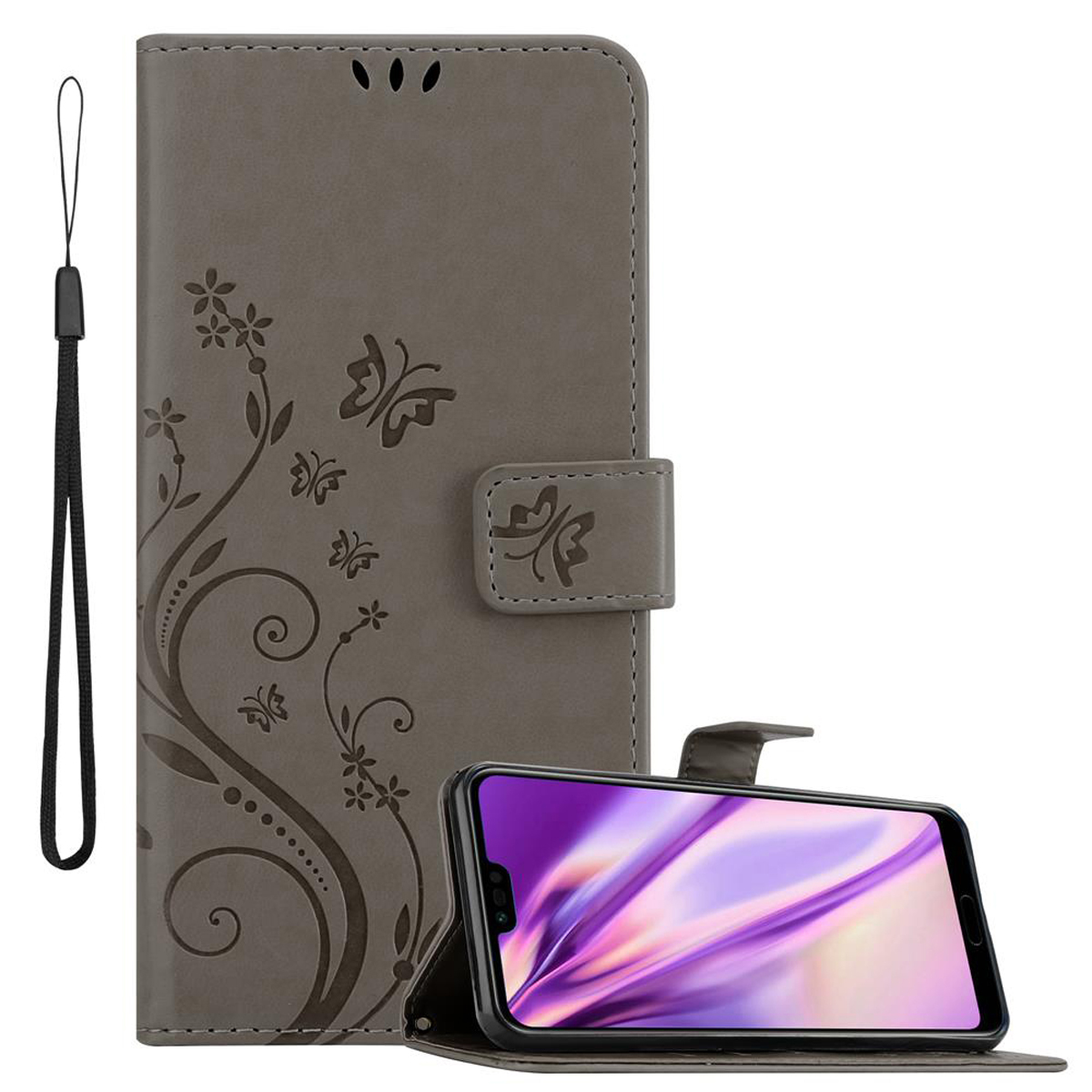Graue Handyhülle mit Blumendesign und Telefon darin. Mit einem Band.