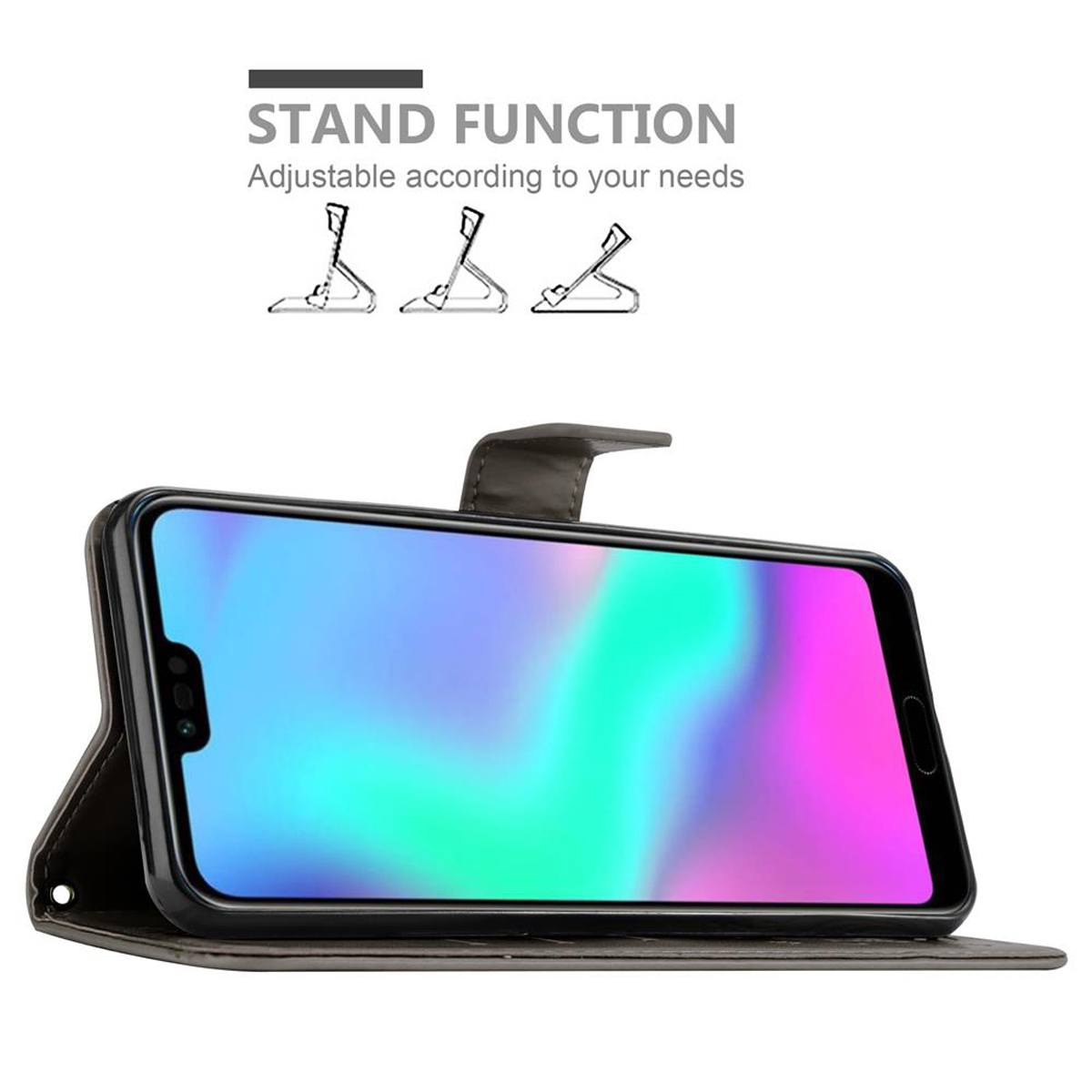 Ein Telefon ist in einem Gehäuse aufgestellt, der Bildschirm zeigt einen bunten Farbverlauf. Grafische Darstellungen stehen.