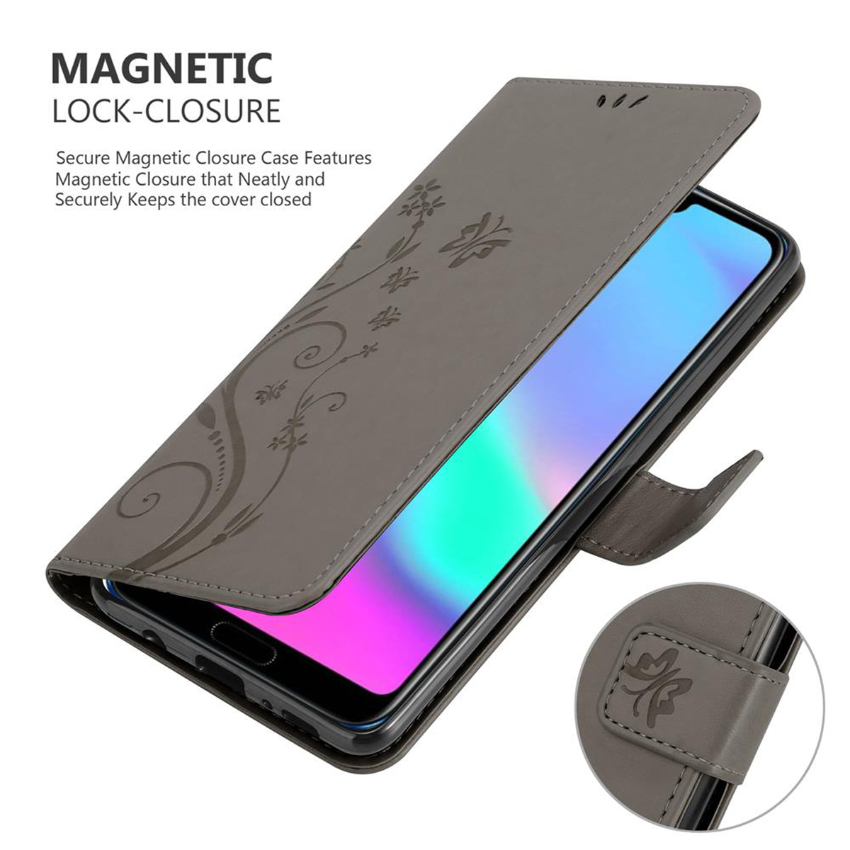 Graue Handyhülle mit Blumendesign, offen, zeigt das Telefon. Magnetverschluss-Grafik.