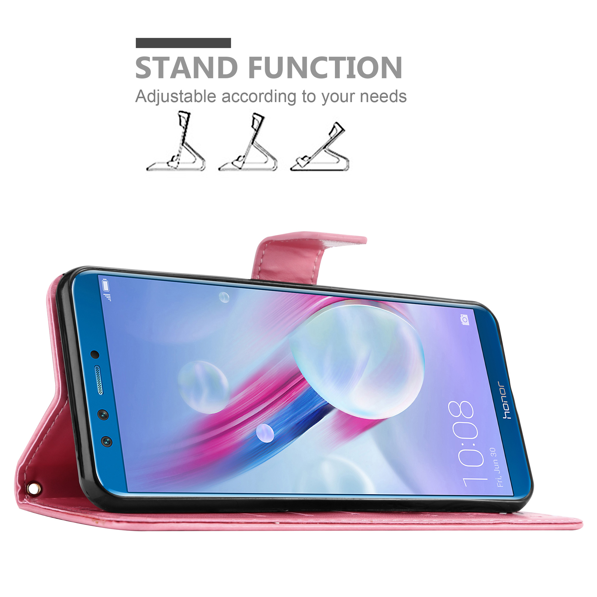 Telefono in custodia rosa, appoggiato su una funzione di supporto, mostrando lo schermo.
