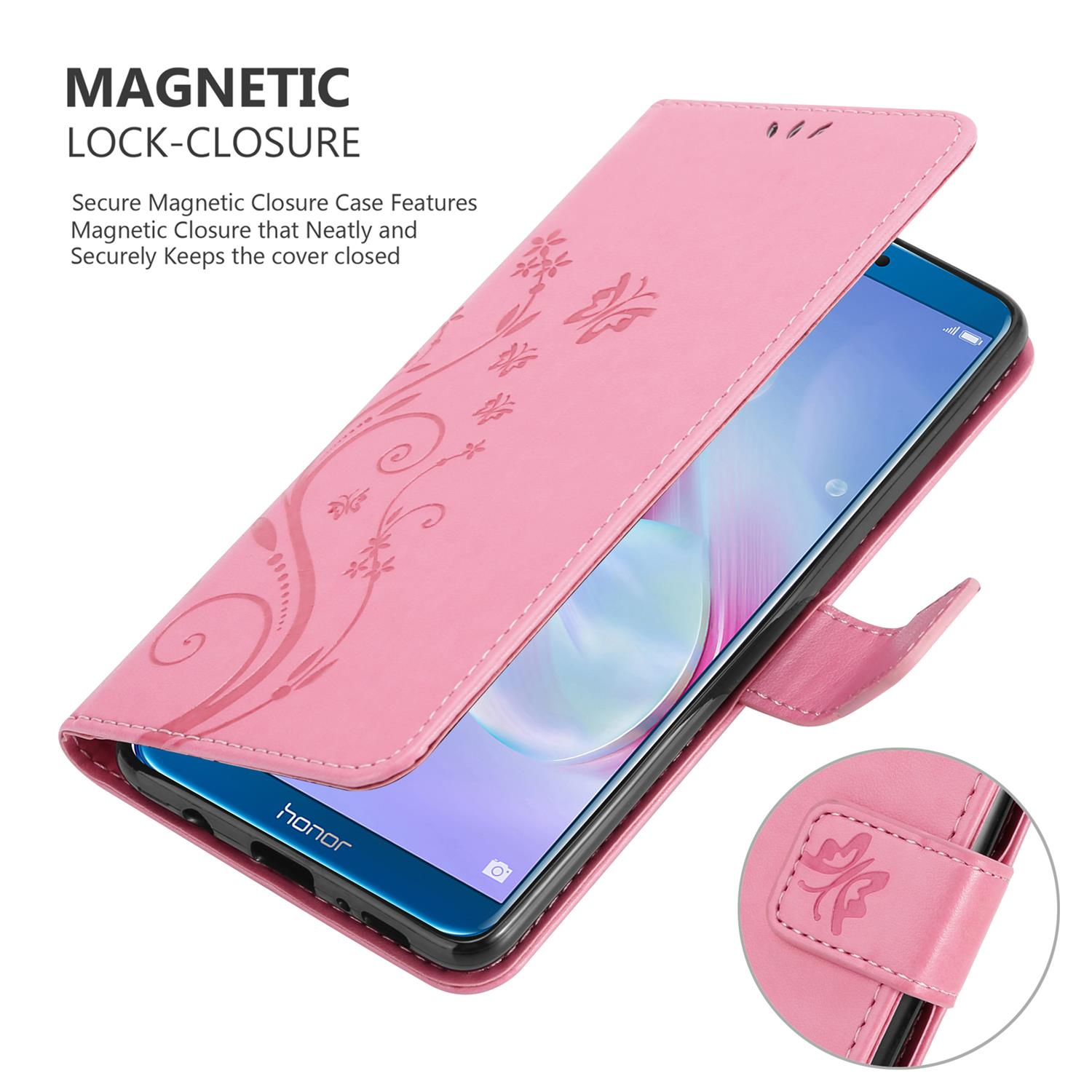 Custodia per telefono rosa con design floreale, aperta, rivela un telefono. Chiusura magnetica. Marchio 'Honor'.