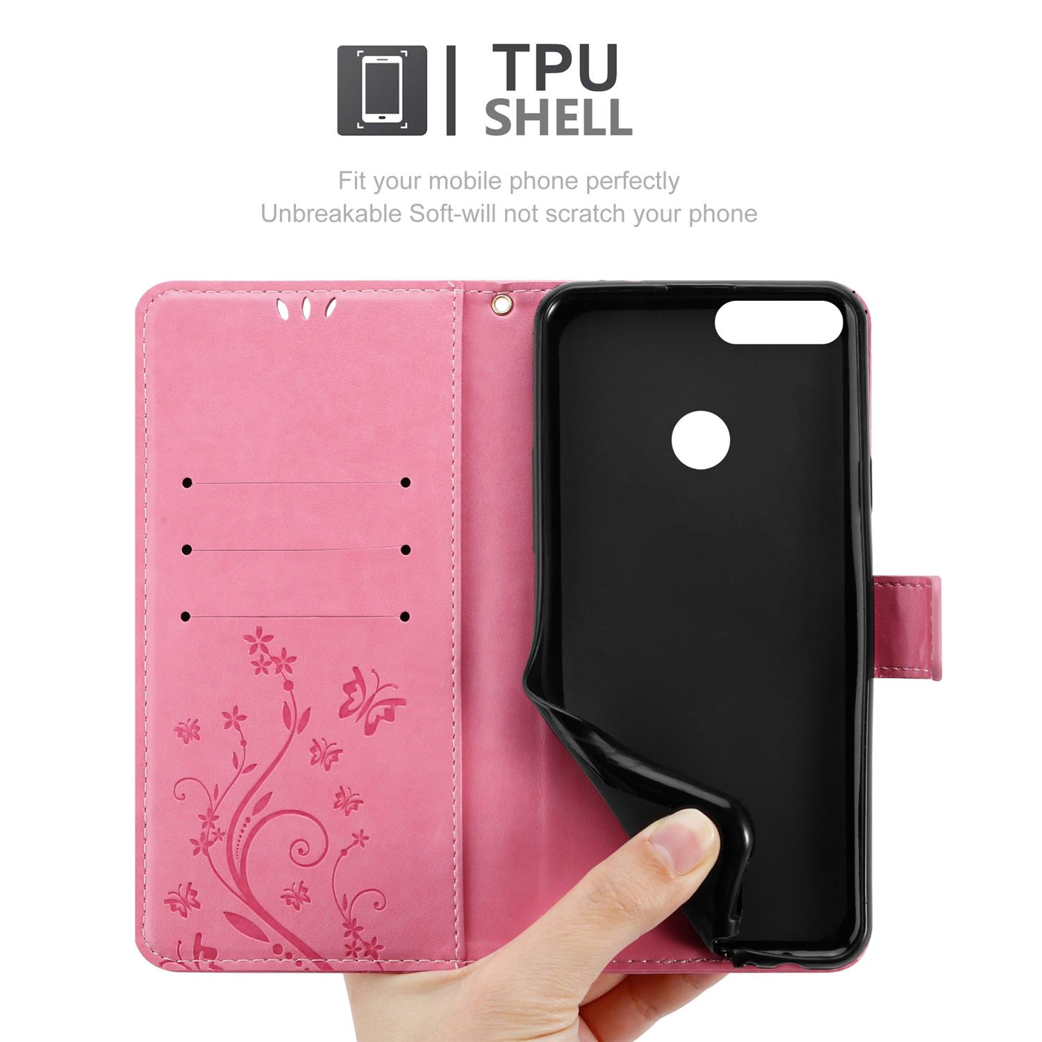 Una custodia per telefono rosa aperta con un telefono all'interno. L'interno è nero. La custodia ha disegni floreali e fessure.