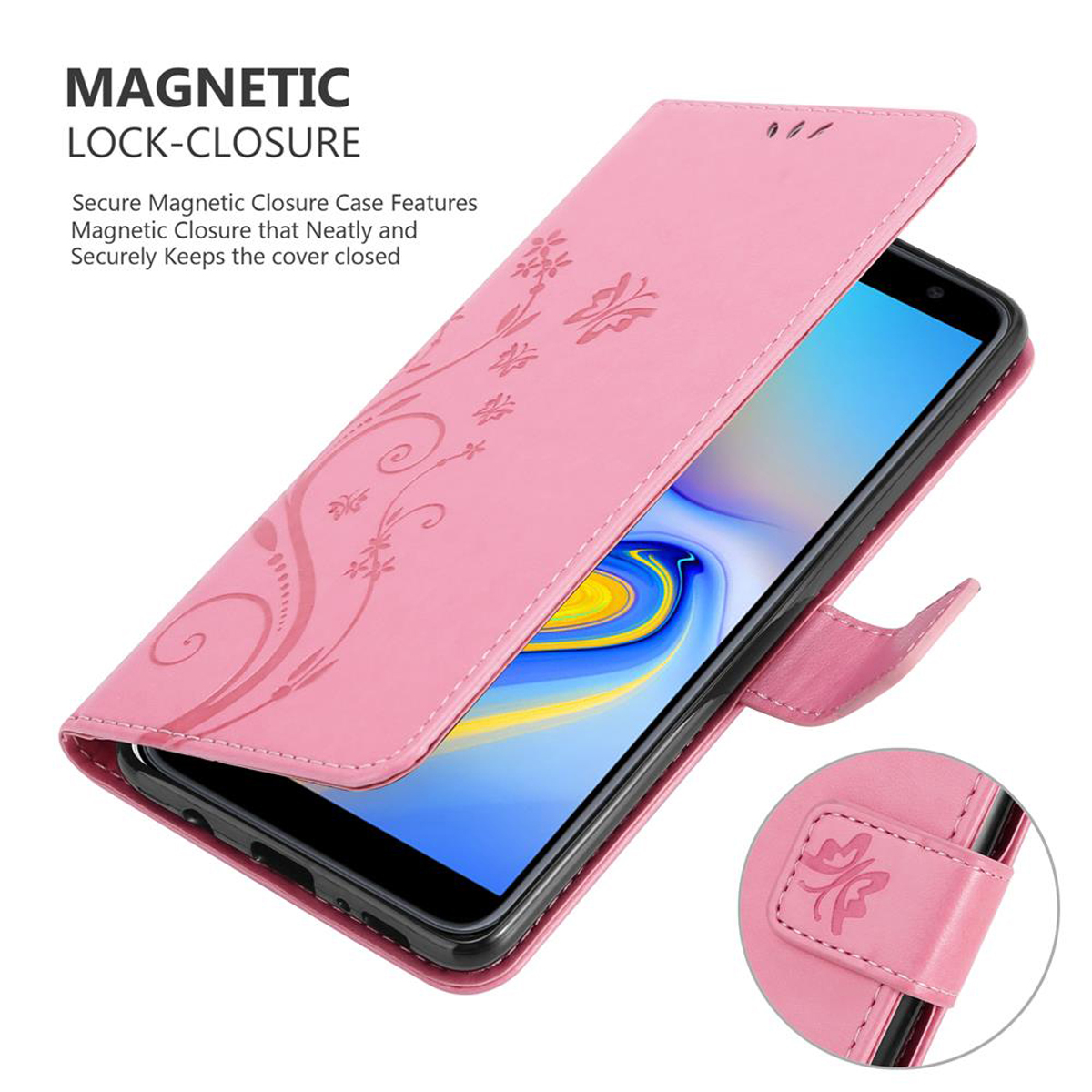 Una custodia per telefono rosa con chiusura magnetica e un telefono all'interno, decorata con fiori.