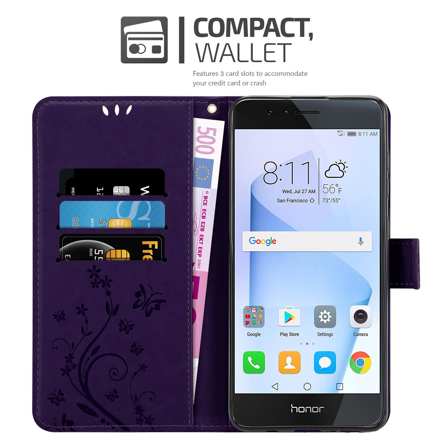 Telefono in custodia viola con carte e denaro. Lo schermo mostra l'ora.
