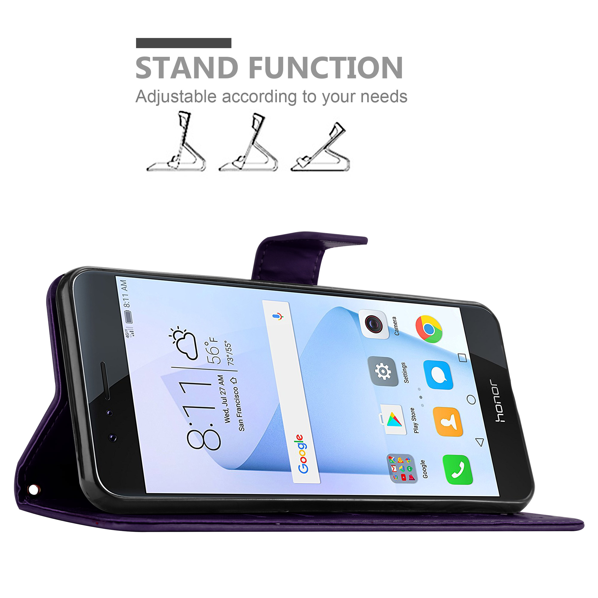 Telefono in una custodia, aperto, che mostra lo schermo con icone della funzione stand. Sfondo bianco.