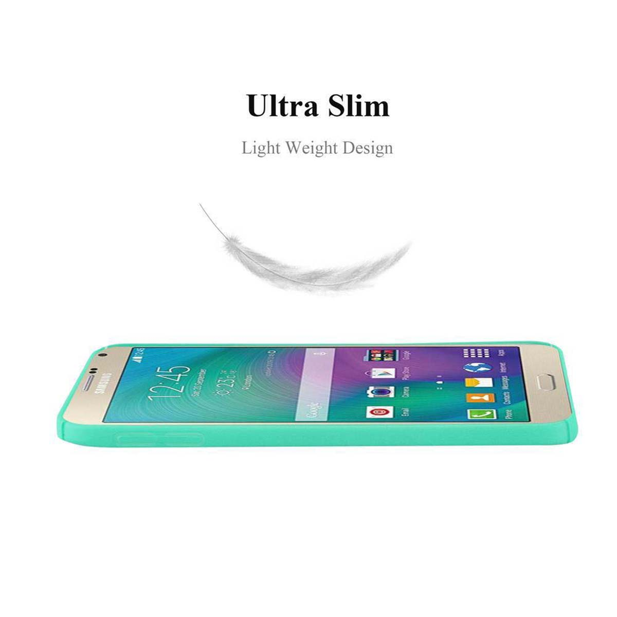 Minzgrüne Handyhülle mit Telefon, Feder schwebt darüber. Text 'Ultra Slim'.