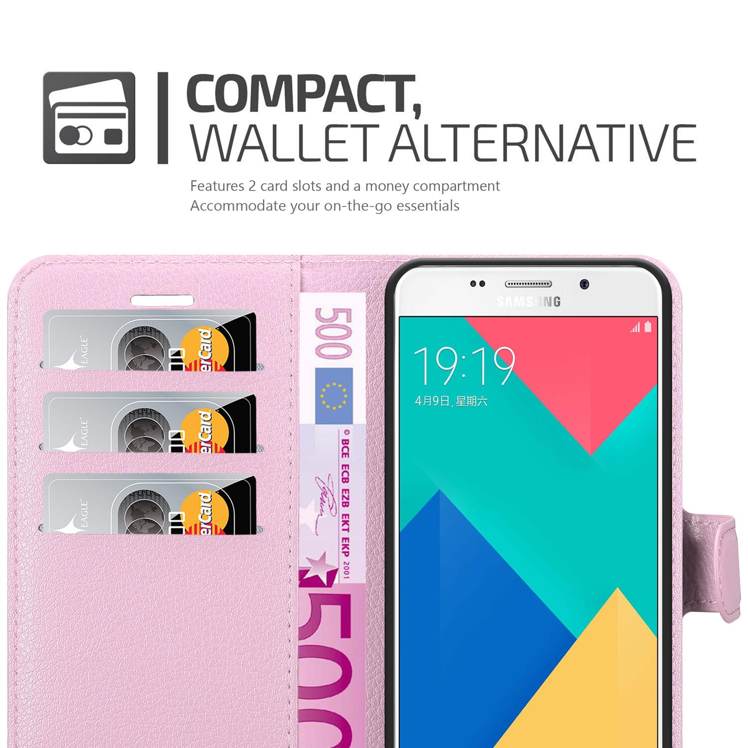 Custodia a portafoglio rosa con telefono, 3 carte e denaro. Testo: Alternativa portafoglio compatta.