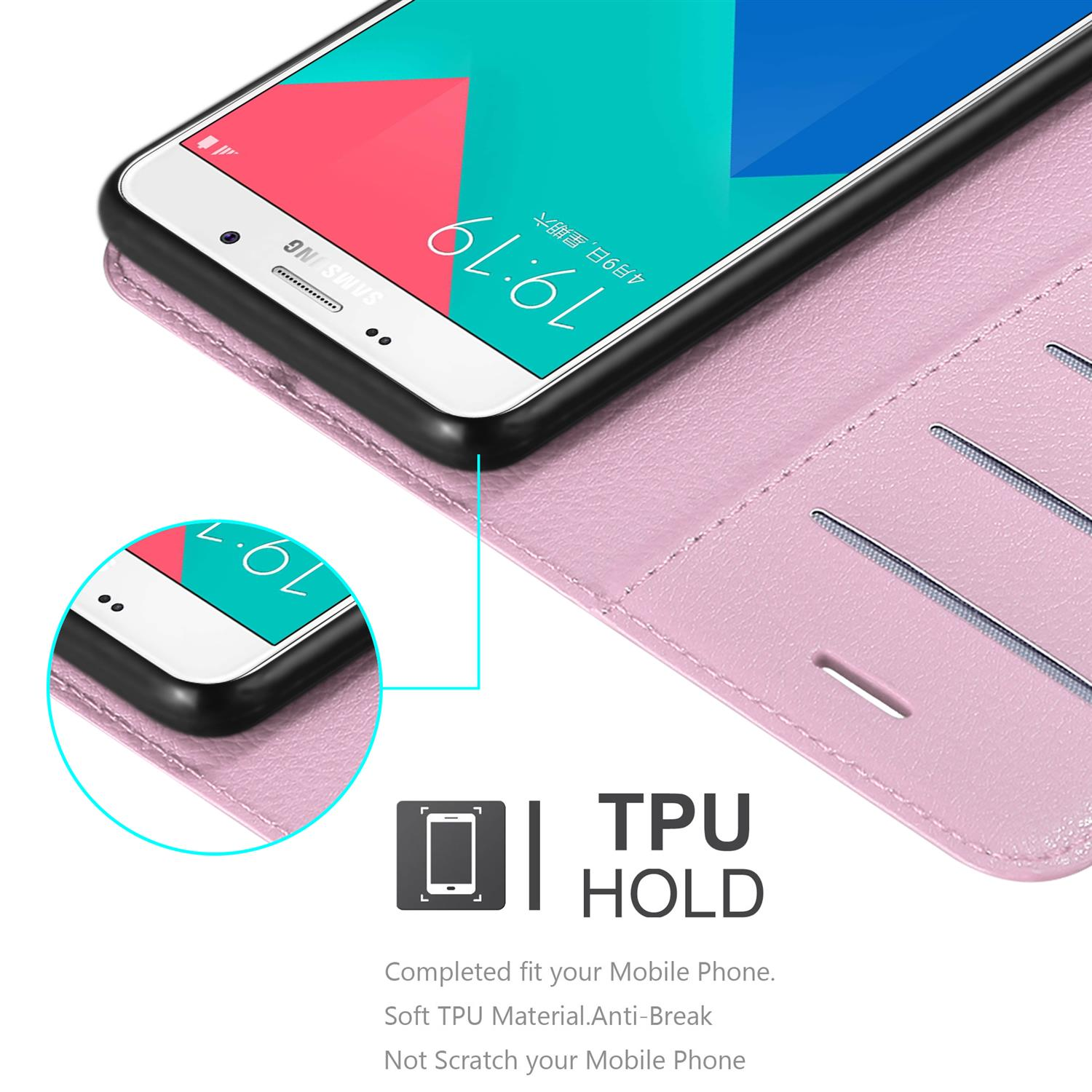 Telefono in una custodia rosa, aperto. Testo: 'TPU HOLD'. Testo in basso: 'Adatta il tuo cellulare'.