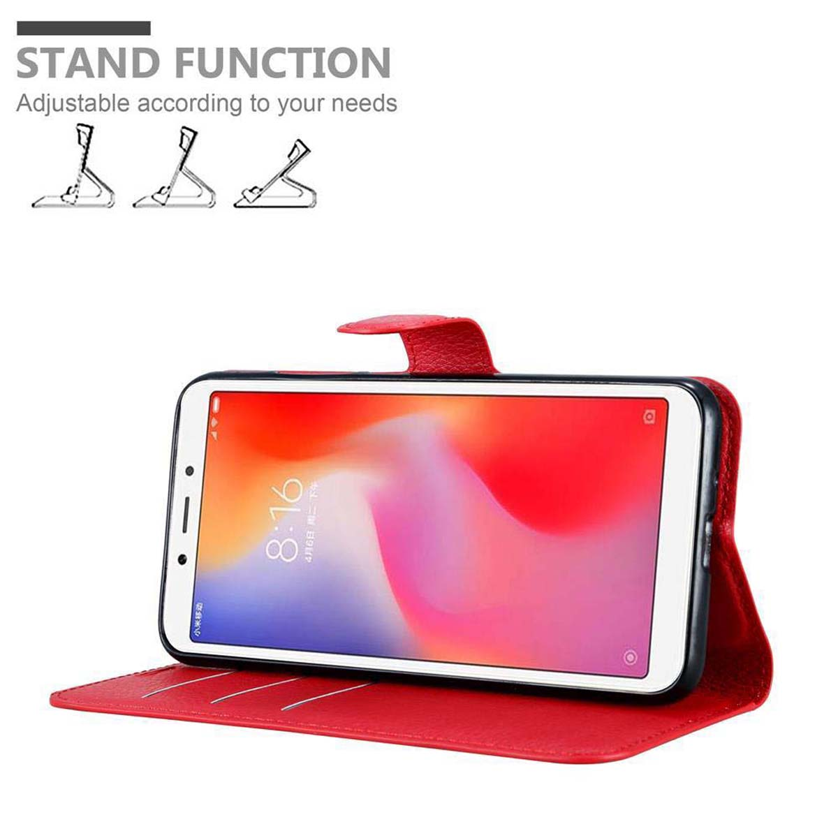 Rote Handyhülle mit Telefon im Standmodus. Standfunktion wird beworben.