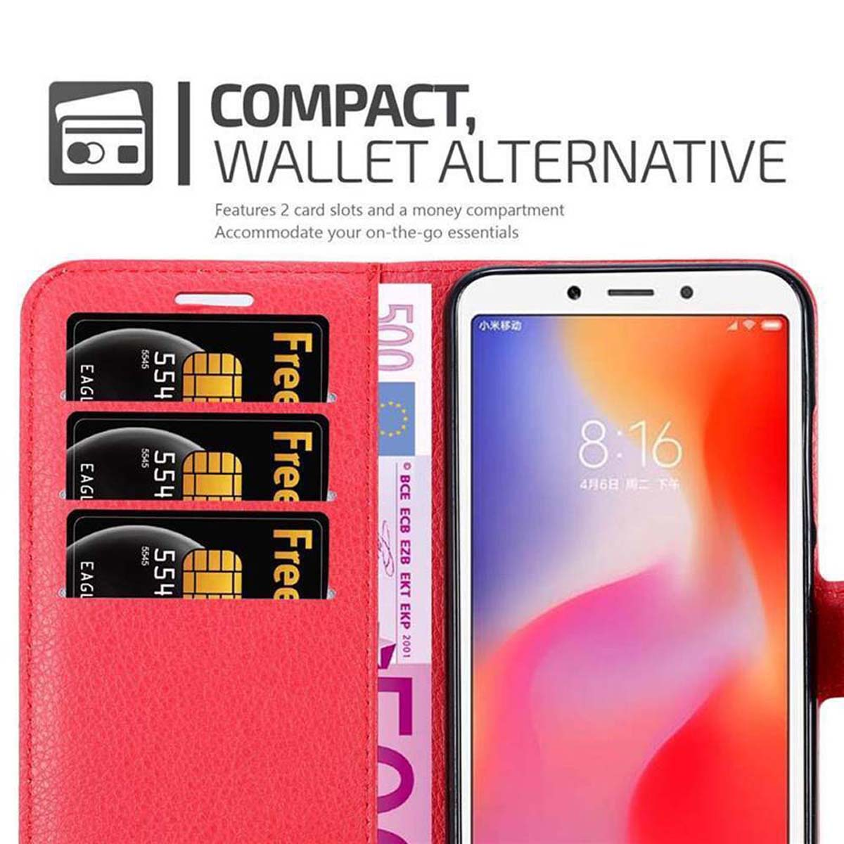 Rotes Portemonnaie mit Karten und einem Telefon. Text: Kompakt, Wallet-Alternative. Mit 2 Kartenfächern.