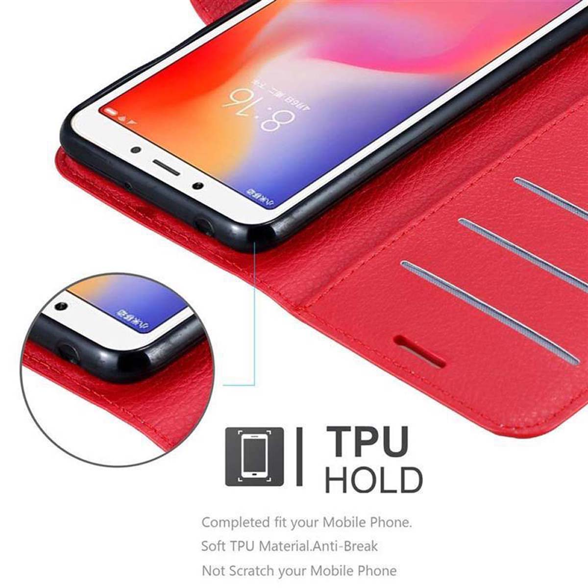 Rote Handyhülle, offen, mit Telefon. Telefonbildschirm zeigt Startbildschirm. TPU-Halterung ist gezeigt.