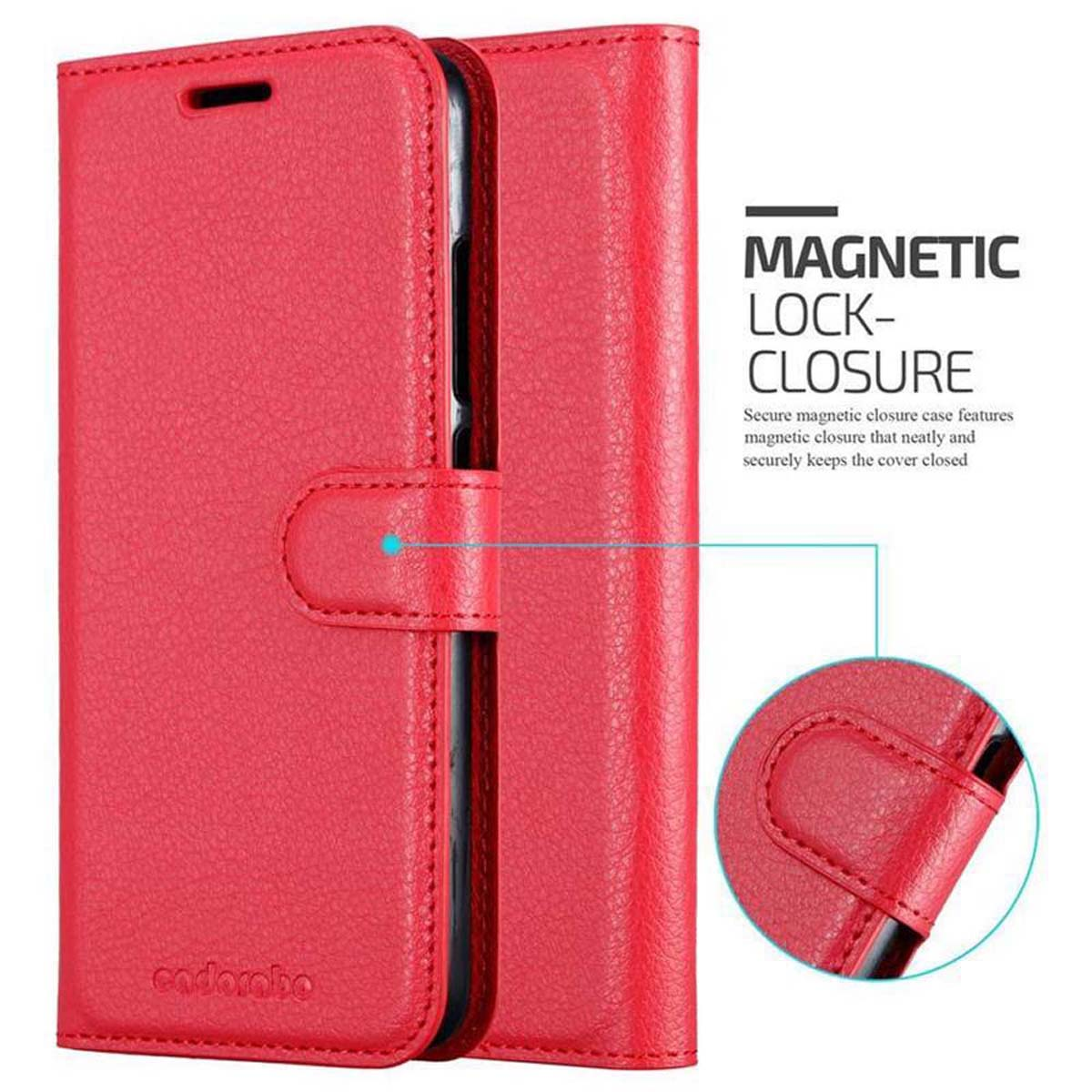 Rote Handyhülle mit Magnetverschluss. Text: Magnetischer Verschluss. Nahaufnahme des Verschlusses.