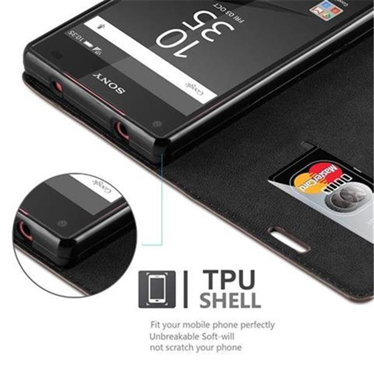 Custodia del telefono nera aperta con telefono dentro, che mostra una Master Card. Custodia etichettata TPU Shell.