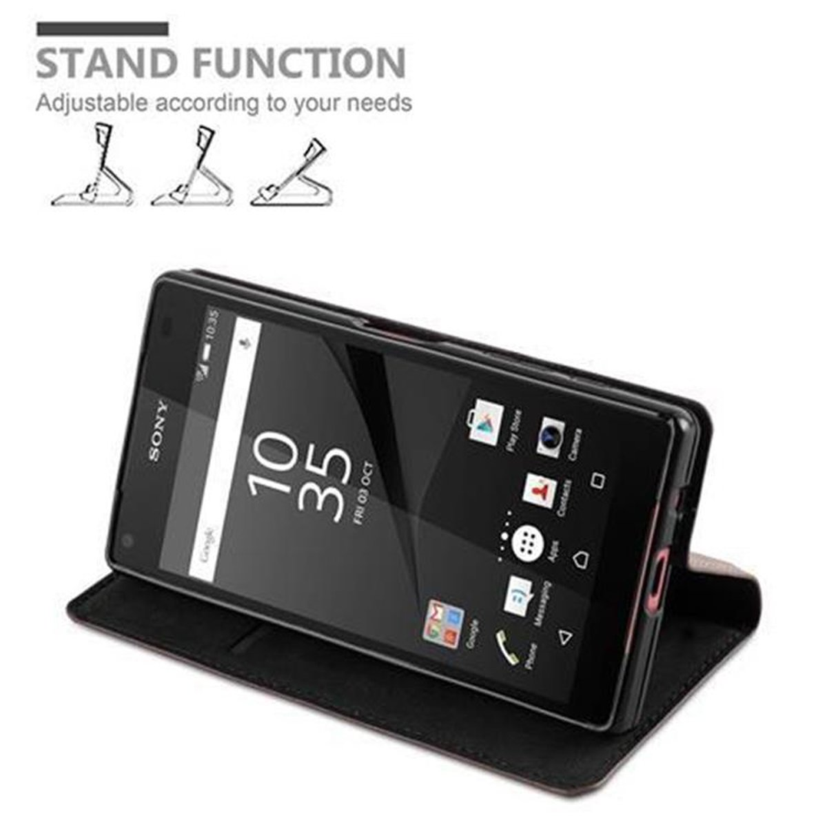 Smartphone nero in custodia, mostra l'ora e le app. Custodia con funzione supporto.