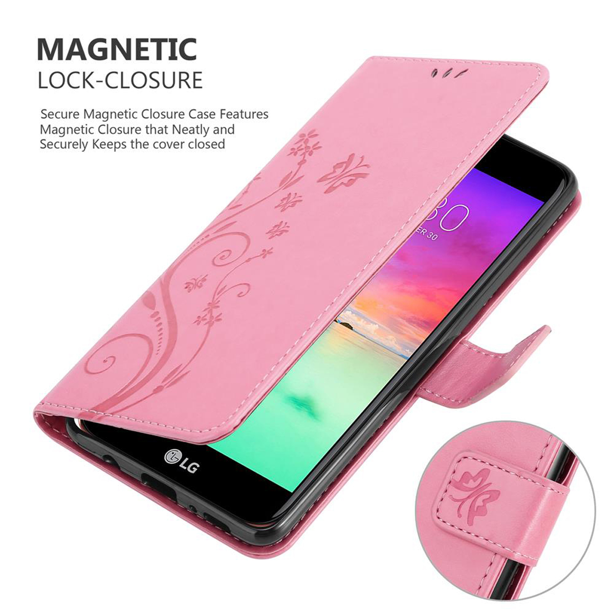 Custodia per telefono rosa con design floreale. Telefono all'interno, viene mostrata la chiusura magnetica. Il logo LG è visibile.