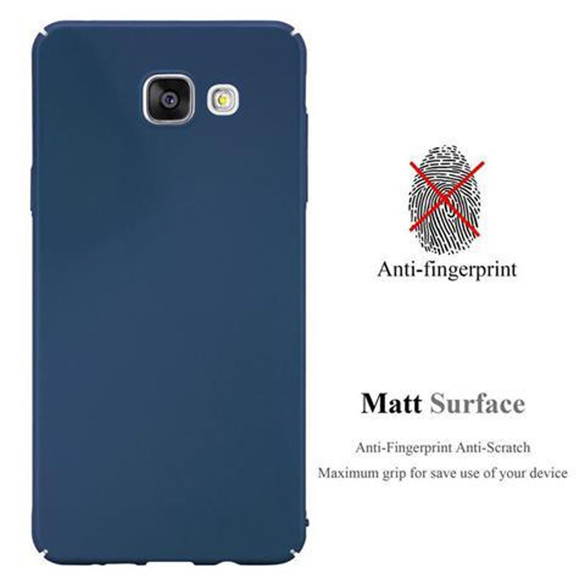 Custodia blu con un telefono all'interno. Testo: Anti-impronta, Superficie opaca. Massima presa per un uso sicuro.