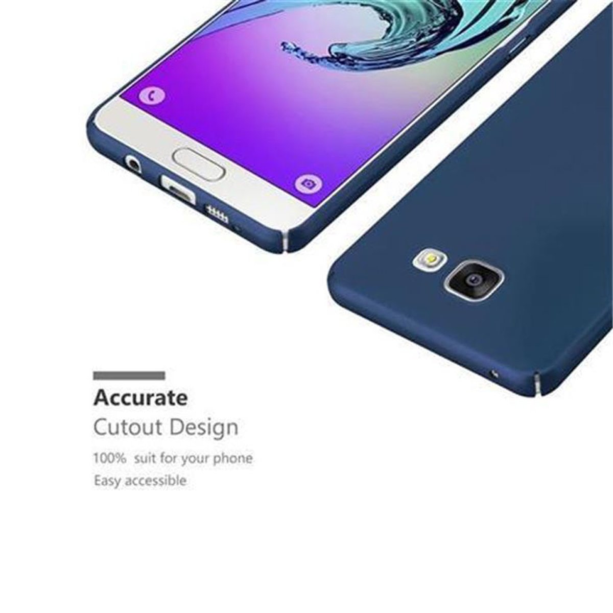 Due telefoni blu, uno in una custodia, con la descrizione del design ritagliato.