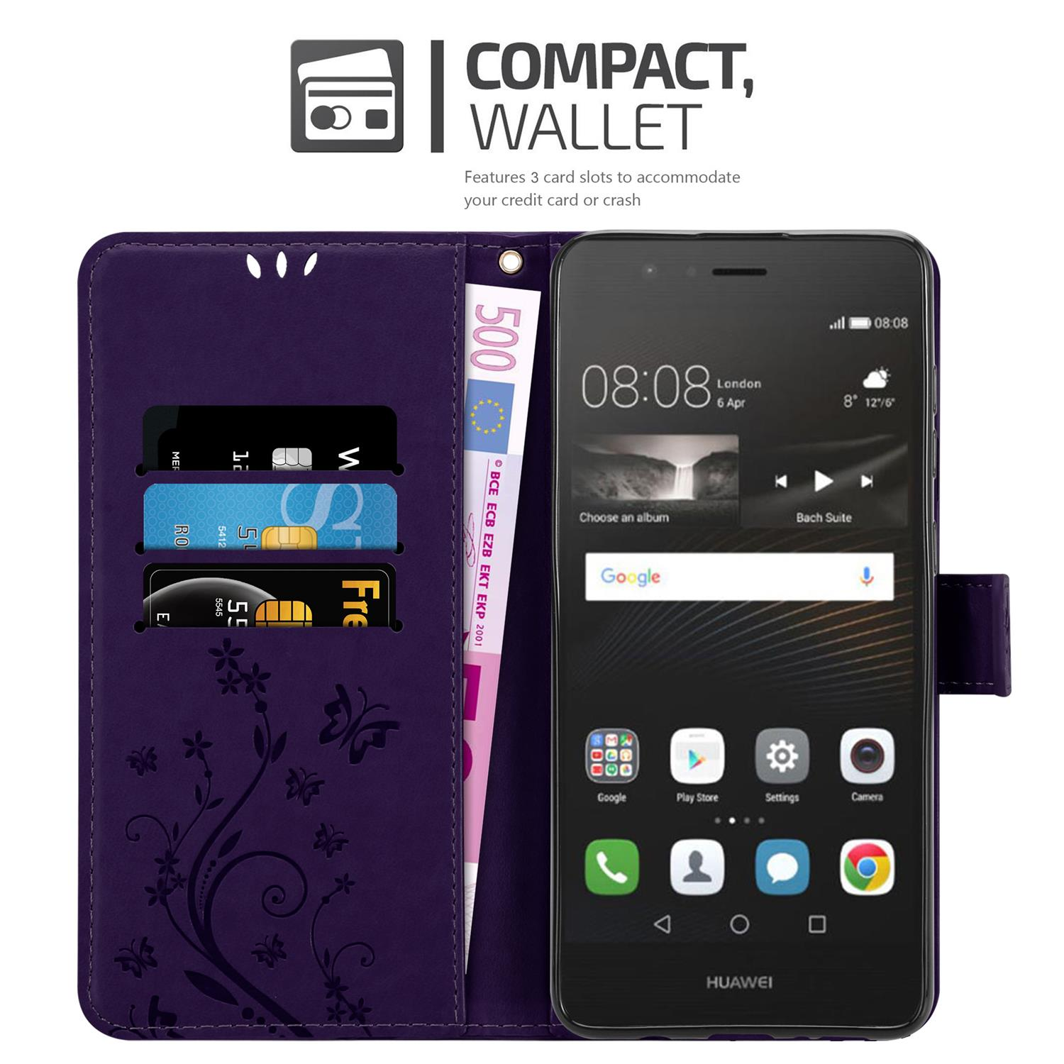 Custodia per telefono viola, aperta, con carte di credito, una banconota da 500 euro e uno smartphone con sfondo scuro.