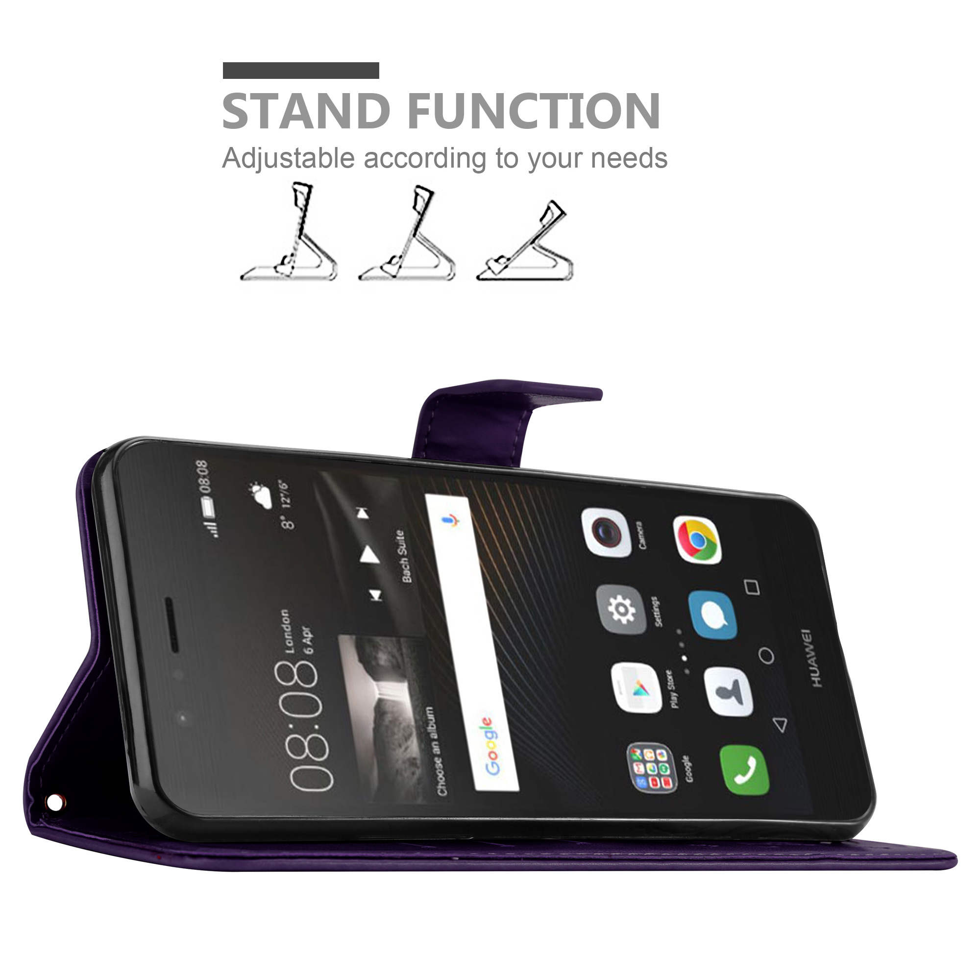 Custodia viola con ora sul telefono. Funzione stand mostrata in alto.