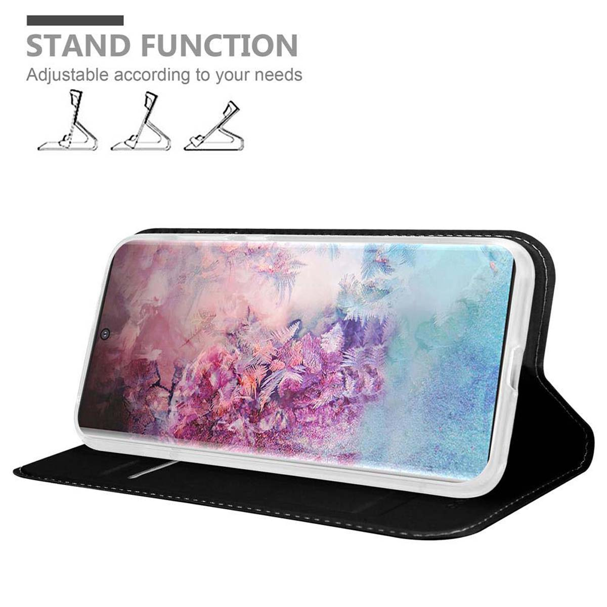 Custodia nera per telefono, aperta, con telefono che mostra immagine floreale astratta. Stand.