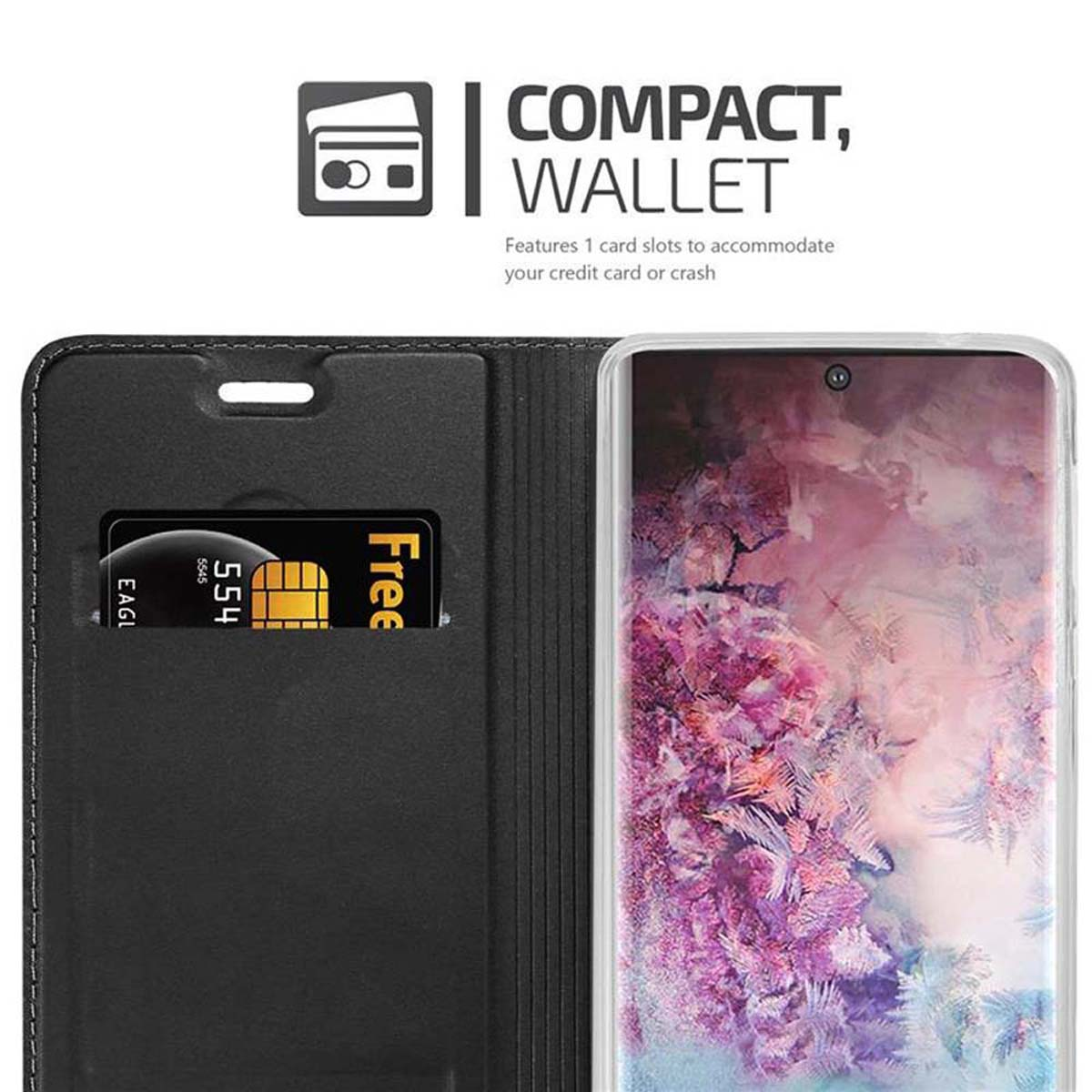 Custodia per telefono con slot per carte e carta di credito. Il telefono mostra uno sfondo colorato.