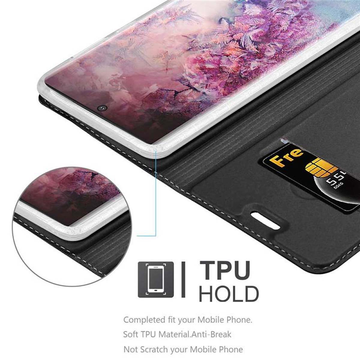 Un telefono in una custodia nera con fessura per carta di credito. Lo schermo mostra un design astratto viola e rosa.