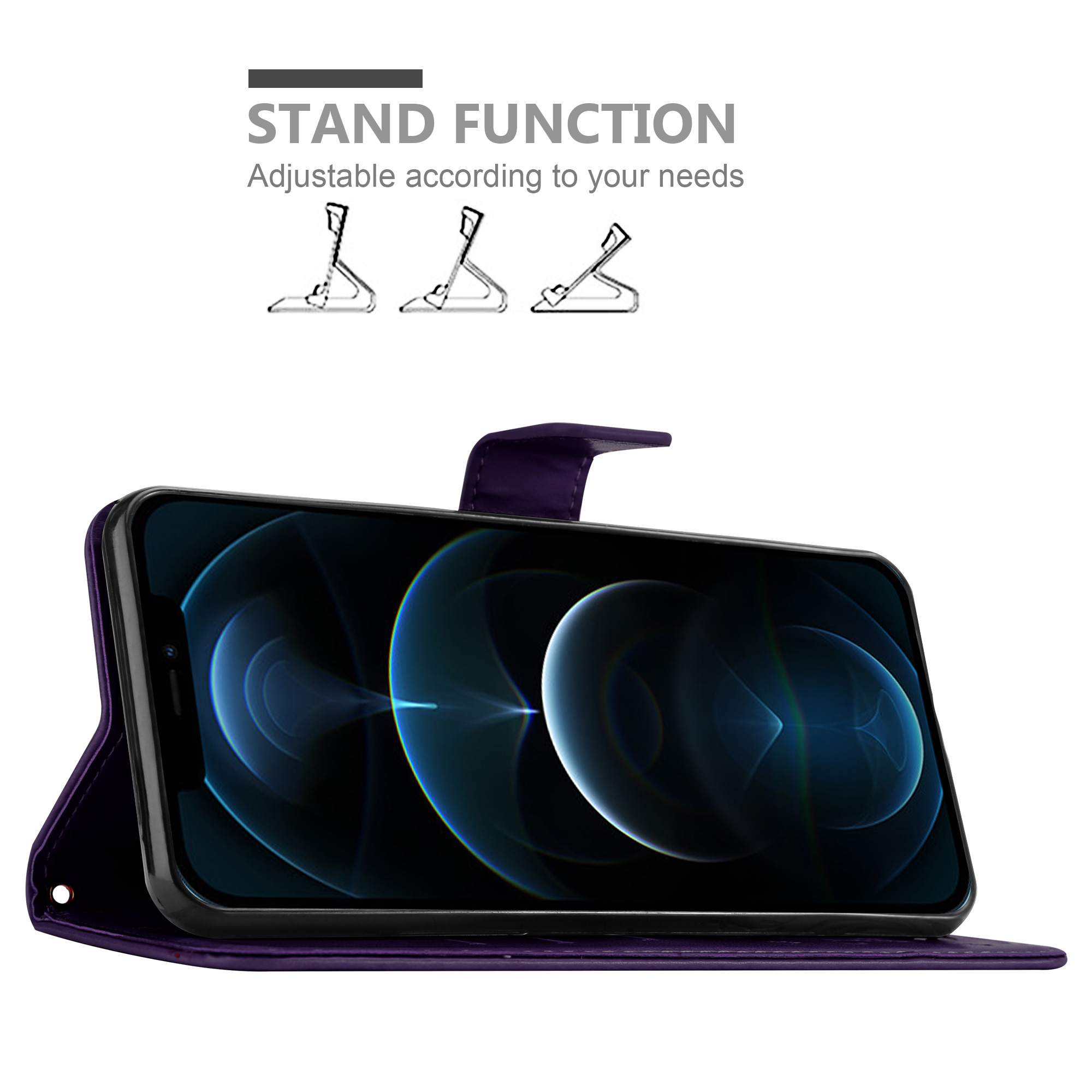 Una custodia per telefono con esterno viola, che tiene in mano un telefono con schermo blu. Il testo in alto dice funzione di supporto.