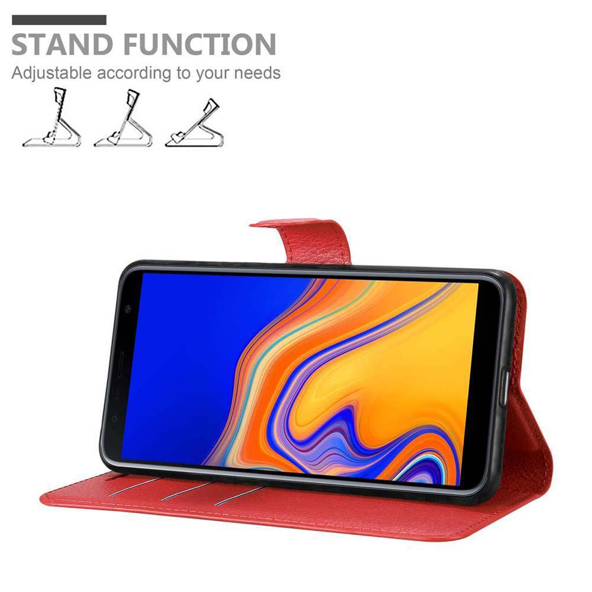 Eine rote Handyhülle mit einem Telefon darin, das zum Aufstellen eingerichtet ist. Es gibt drei verschiedene Ständervarianten.