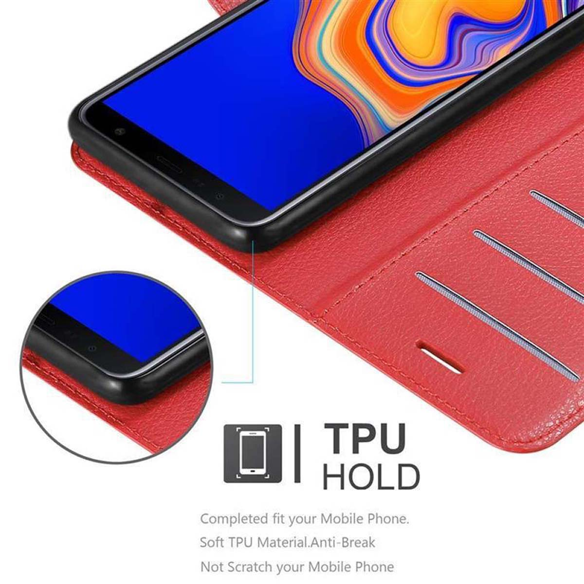 Eine rote Handyhülle ist mit einem Telefon darin geöffnet. Text: TPU-Halterung. Weiches TPU-Material. Bruchsicher.