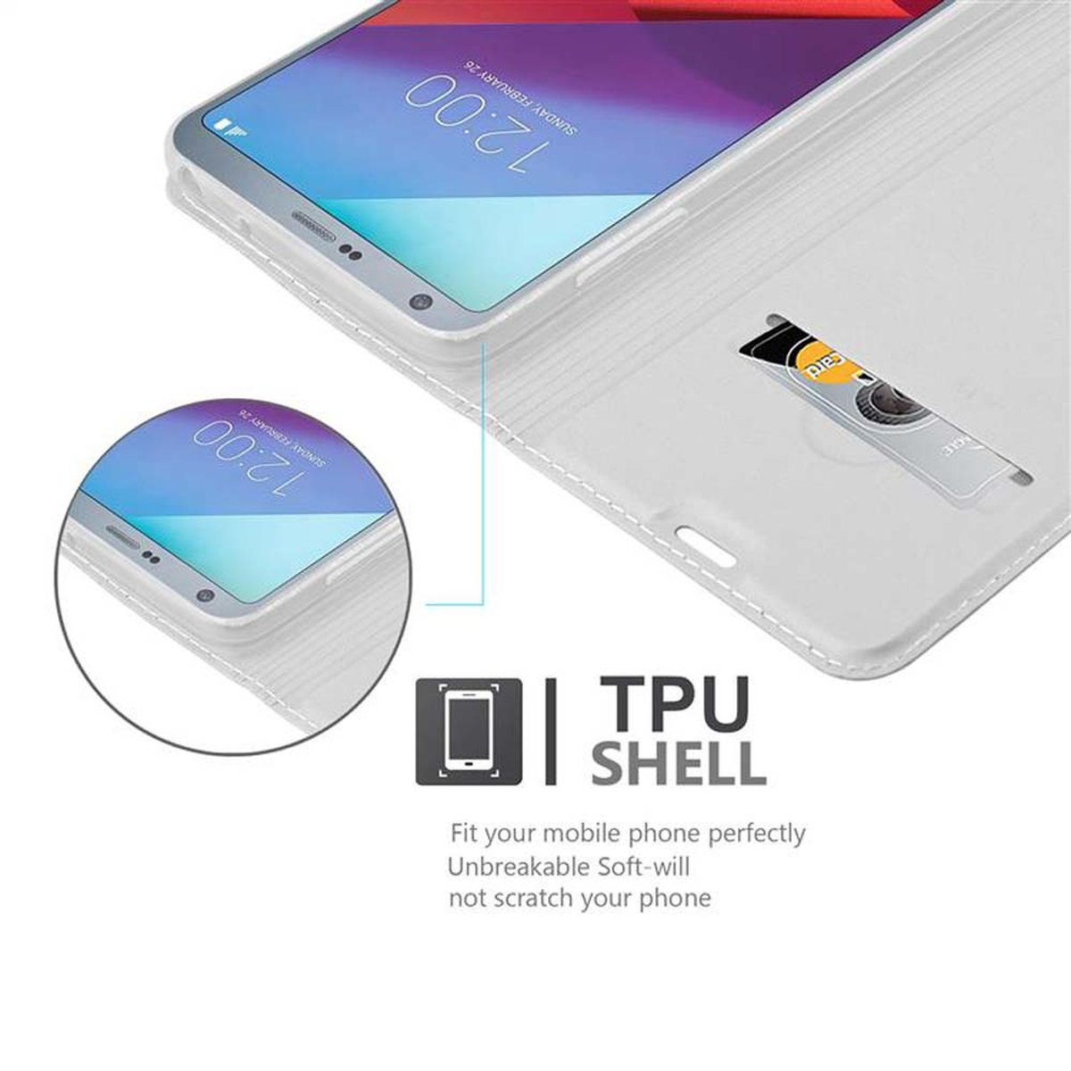 Custodia per telefono aperta con telefono all'interno. Testo: Guscio in TPU, Si adatta perfettamente, Morbido infrangibile, non graffia.