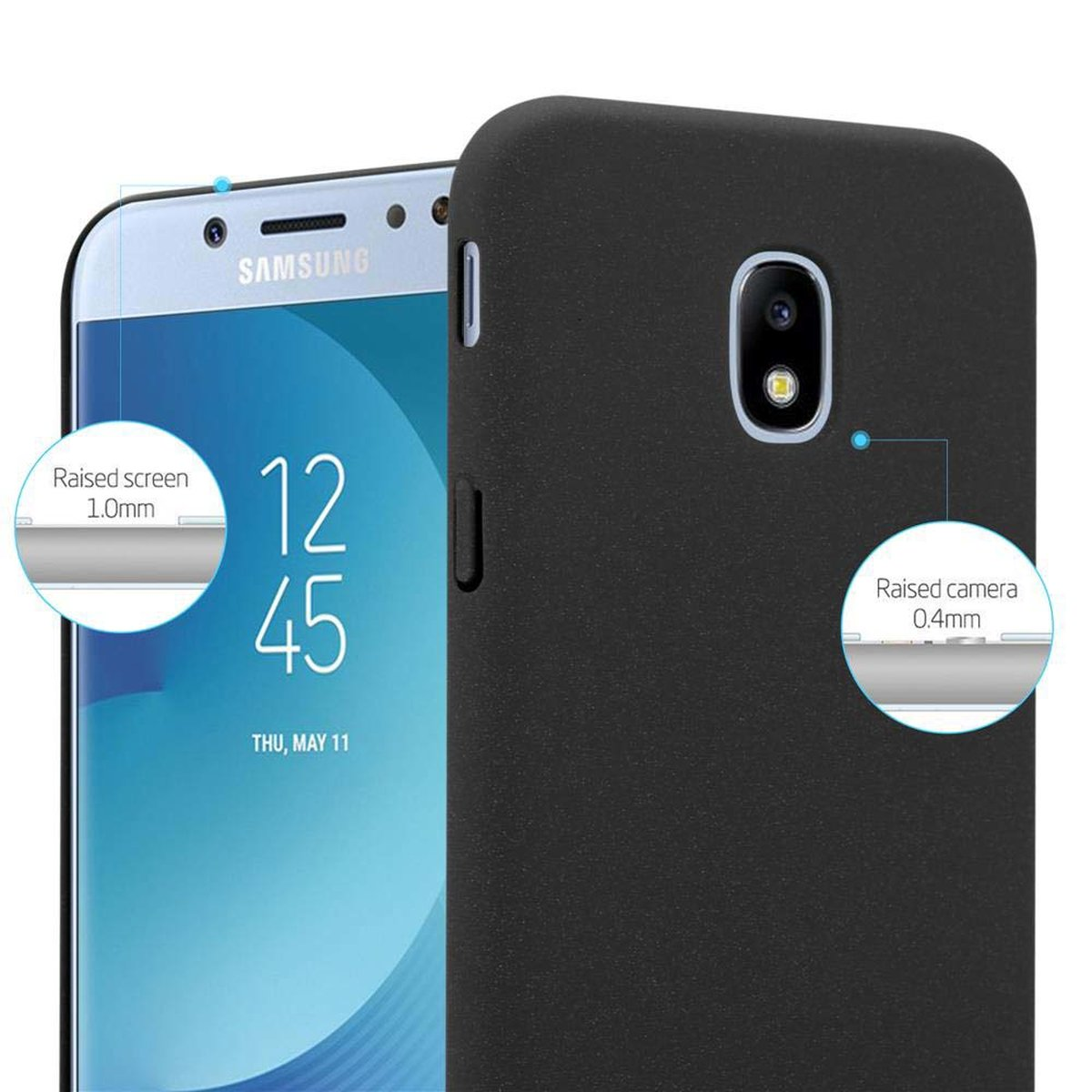 Custodia nera per telefono su un telefono con schermo blu. Schermo e fotocamera rialzati evidenziati. Sfondo bianco.